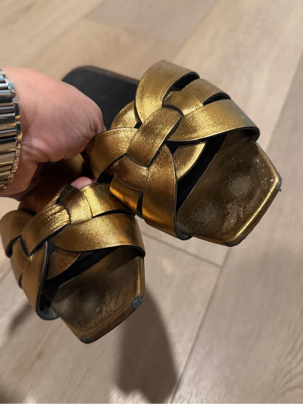 YSL Saint Laurent Women’s Metallic Bronze Slide Sandals - Braided Upper 7.5/38 - Picture 5 of 7